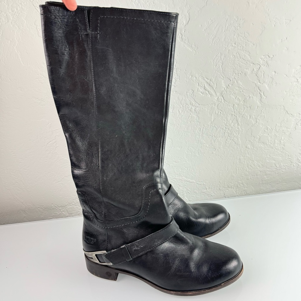 Ugg Boots‎ Channing ll Solid Black Riding Genuine Leather Tall Heeled Buckle